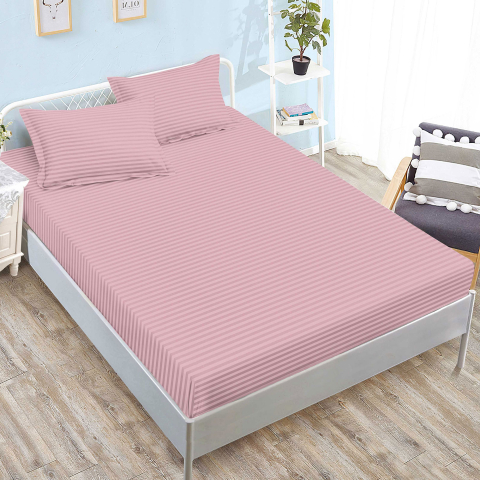 Huse de pat - Husa de pat damasc roz somon cu dungi elegante 160x200 / 180x200 + 2 fete perna