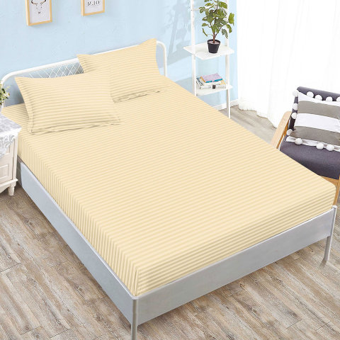 Huse de pat - Husa de pat damasc galben vanilie cu dungi fine 160x200 / 180x200 + 2 fete perna