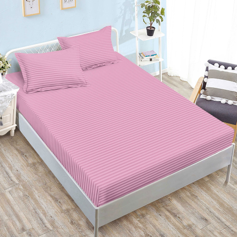 Huse de pat - Husa de pat damasc roz cu dungi fine 160x200 / 180x200 + 2 fete perna