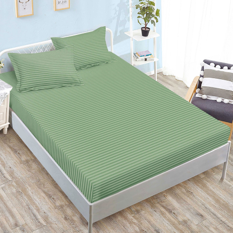 Huse de pat - Husa de pat damasc verde salvie cu dungi fine 160x200 / 180x200 + 2 fete perna
