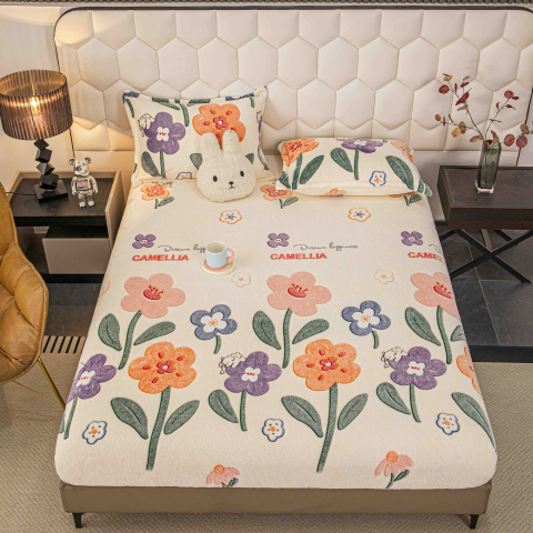 Huse de pat - Husa de Pat Cocolino cu Elastic si 2 Fete de Perna 50x70cm,180x200cm,Crem cu Flori -D169