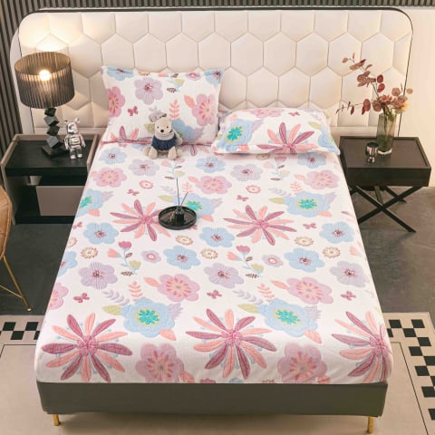 Huse de pat - Husa de Pat Cocolino cu Elastic si 2 Fete de Perna 50x70cm,180x200cm,Alba cu Flori-D157