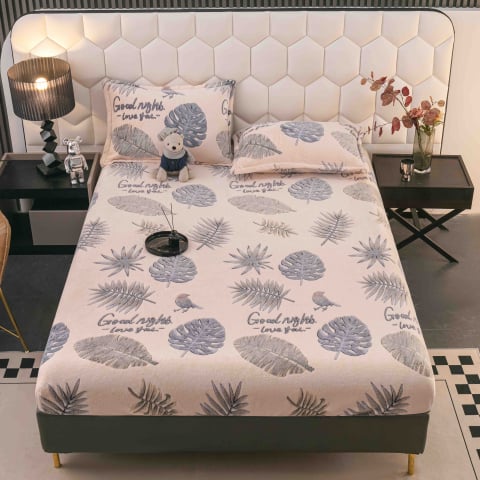 Huse de pat - Husa de Pat Cocolino cu Elastic si 2 Fete de Perna 50x70cm,180x200cm,Crem cu Frunze-D155