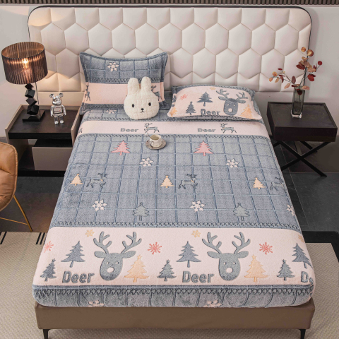 Huse de pat - Husa de Pat Cocolino cu Elastic si 2 Fete de Perna 50x70cm,180x200cm,Gri/Crem cu Reni-D160