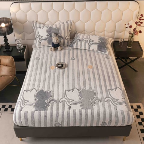 Huse de pat - Husa de Pat Cocolino cu Elastic si 2 Fete de Perna 50x70cm,180x200cm,Gri cu Pisicute-D150