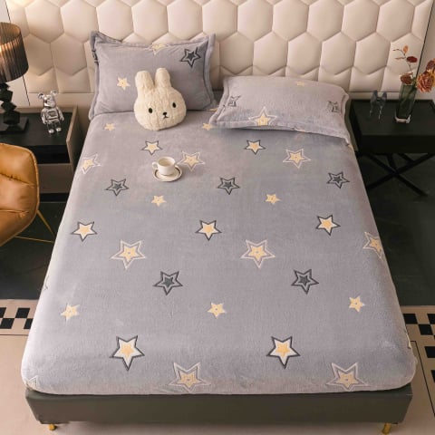 Huse de pat - Husa de Pat Cocolino cu Elastic si 2 Fete de Perna 50x70cm,180x200cm,Gri cu Stelute-D147