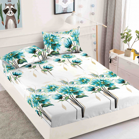 Huse de pat - Husa de pat cu elastic alba cu flori albastre 180x200cm D085
