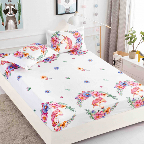 Huse de pat - Husa de pat cu elastic alba cu flori colorate 180x200cm D077