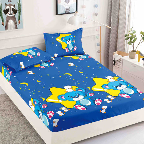 Huse de pat - Husa de pat cu elastic albastra cu ursuleti 180x200cm D081