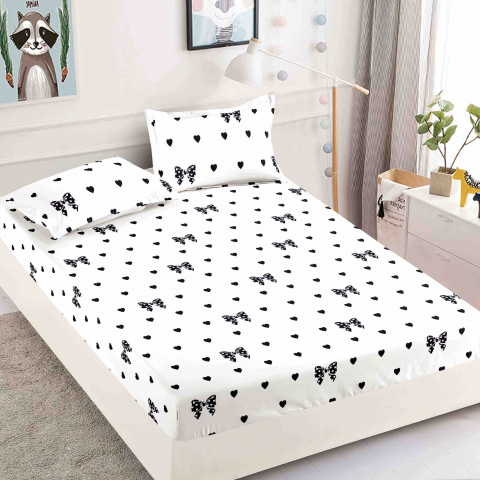 Huse de pat - Husa de pat cu elastic alba cu fluturi negri 180x200cm D084