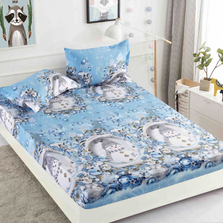 Huse de pat - Husa de pat cu elastic Craciun,om de zapada in glob 180x200cm D053