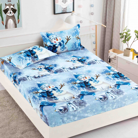 Huse de pat - Husa de pat cu elastic Craciun,albastra cu om de zapada 180x200cm D055