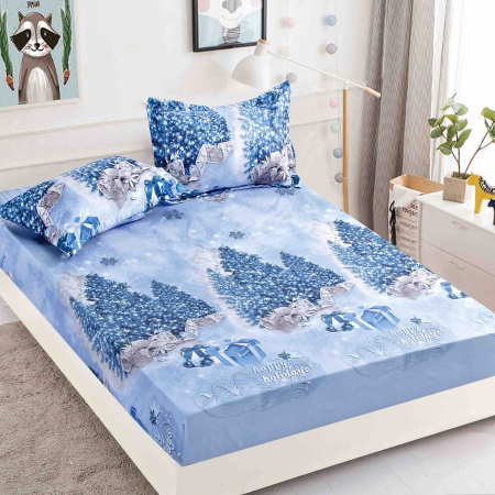 Huse de pat - Husa de pat cu elastic Craciun,albastra cu brazi 180x200cm D052