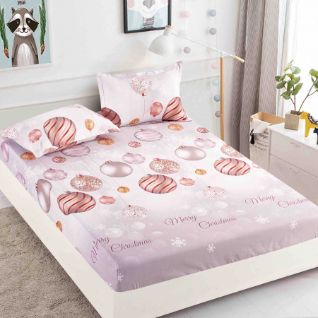 Huse de pat - Husa de pat cu elastic Craciun,globuri roz 180x200cm D049