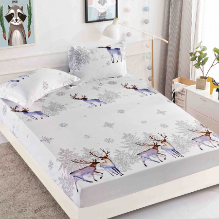 Huse de pat - Husa de pat cu elastic Craciun cu reni 180x200cm D054