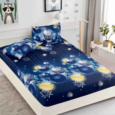 Huse de pat - Husa de pat cu elastic de Craciun,bleumarin cu globuri 180x200cm D057