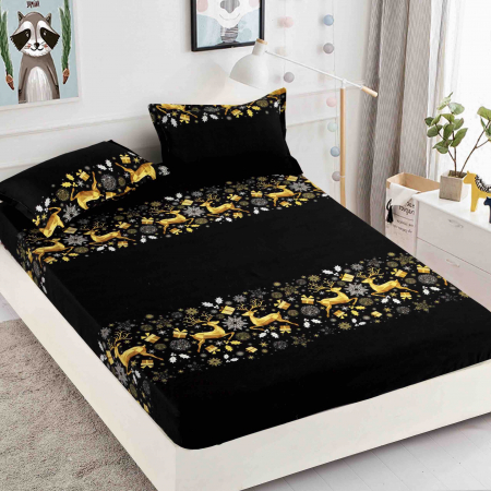 Huse de pat - Husa de pat cu elastic de Craciun,neagra cu reni 180x200cm D043