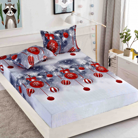 Huse de pat - Husa de pat cu elastic de Craciun,gri cu globuri rosii 180x200cm D058
