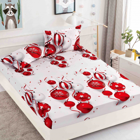 Huse de pat - Husa de pat cu elastic de Craciun,alba cu globuri rosii 180x200cm D050