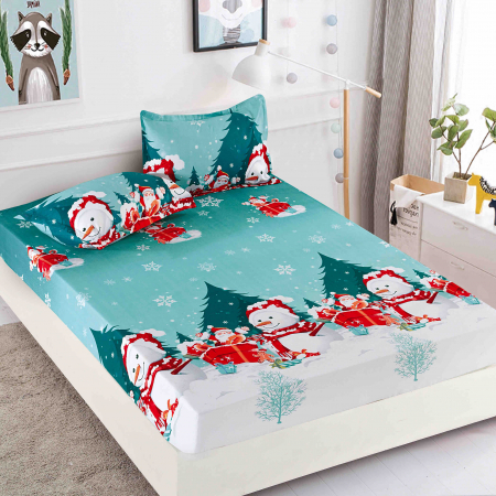 Huse de pat - Husa de pat cu elastic Craciun,om de zapada cu cadouri 180x200cm D048