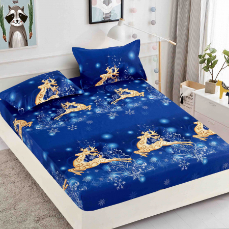 Huse de pat - Husa de pat cu elastic de Craciun,albastra cu reni aurii 180x200cm D042