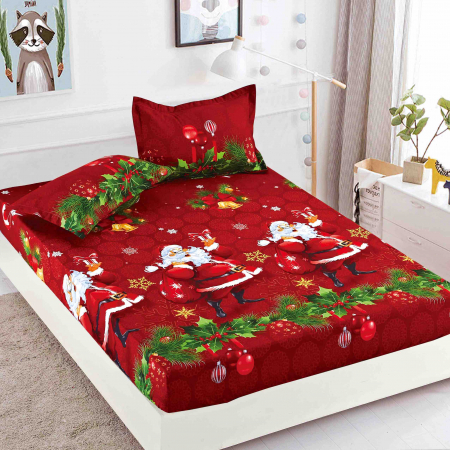 Huse de pat - Husa de pat cu elastic Mos Craciun visinie 180x200cm D046