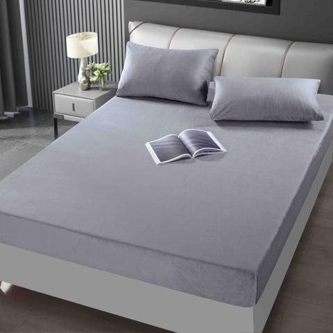 Huse de pat - Husa de Pat din Catifea cu Elastic si 2 Fete de Perna 50x70cm,180x200cm,Gri Deschis-D141