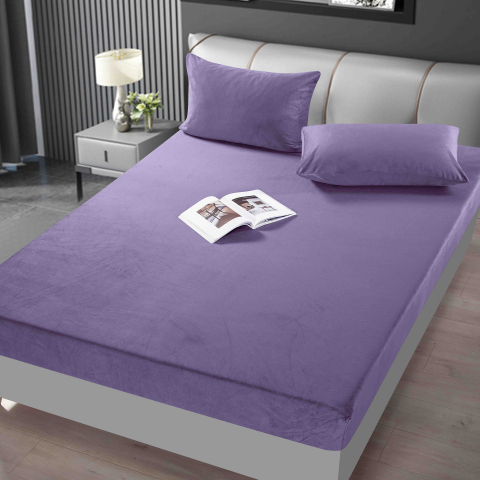 Huse de pat - Husa de Pat din Catifea cu Elastic si 2 Fete de Perna 50x70cm,180x200cm,Mov-D140
