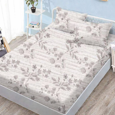 Huse de pat - Husa de pat finet gri cu dungi si flori stil natural + 2 fete perna cu elastic 160x200