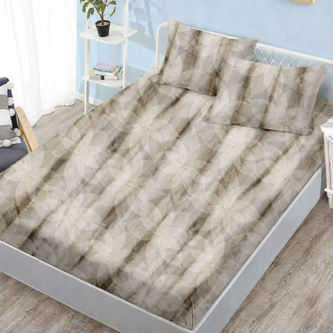 Huse de pat - Husa de pat finet bej cu model abstract marmorat + 2 fete perna cu elastic 160x200