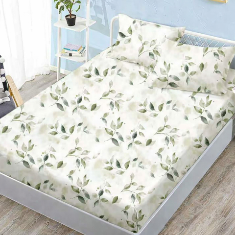 Huse de pat - Husa de pat finet alba cu frunze verzi naturale + 2 fete perna cu elastic 160x200