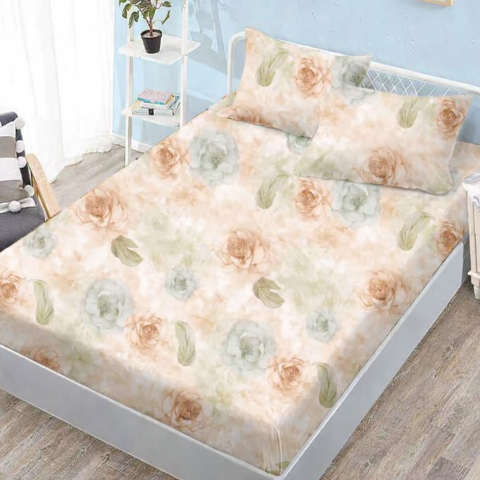 Huse de pat - Husa de pat finet bej cu flori pastelate si frunze delicate + 2 fete perna cu elastic 160x200