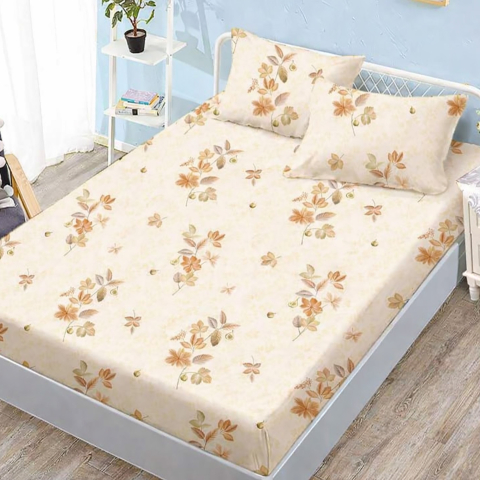Huse de pat - Husa de pat finet crem cu flori maro si accente aurii + 2 fete perna cu elastic 160x200