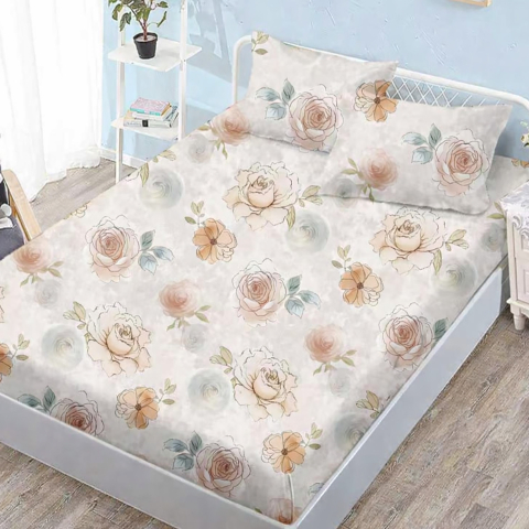 Huse de pat - Husa de pat finet alba cu flori romantice in nuante pastel + 2 fete perna cu elastic 160x200