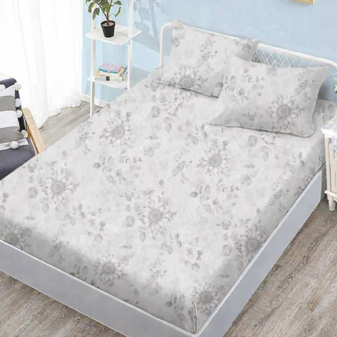 Huse de pat - Husa de pat finet gri deschis cu flori fine ton pe ton + 2 fete perna cu elastic 160x200
