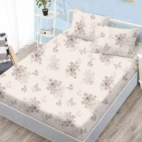 Huse de pat - Husa de pat finet crem cu flori si fluturi bej + 2 fete perna cu elastic 160x200