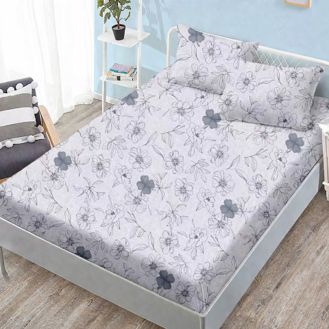 Huse de pat - Husa de pat finet gri deschis cu flori elegante si contururi fine + 2 fete perna cu elastic 160x200
