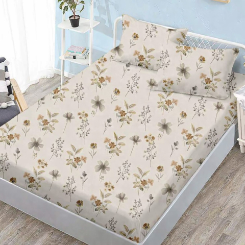 Huse de pat - Husa de pat finet alba cu flori bej si accente maro + 2 fete perna cu elastic 160x200
