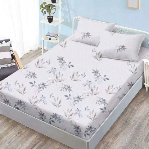 Huse de pat - Husa de pat finet alba cu flori gri discrete + 2 fete perna cu elastic 160x200