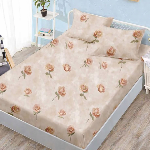 Huse de pat - Husa de pat finet bej cu trandafiri vintage si efect marmorat + 2 fete perna cu elastic 160x200