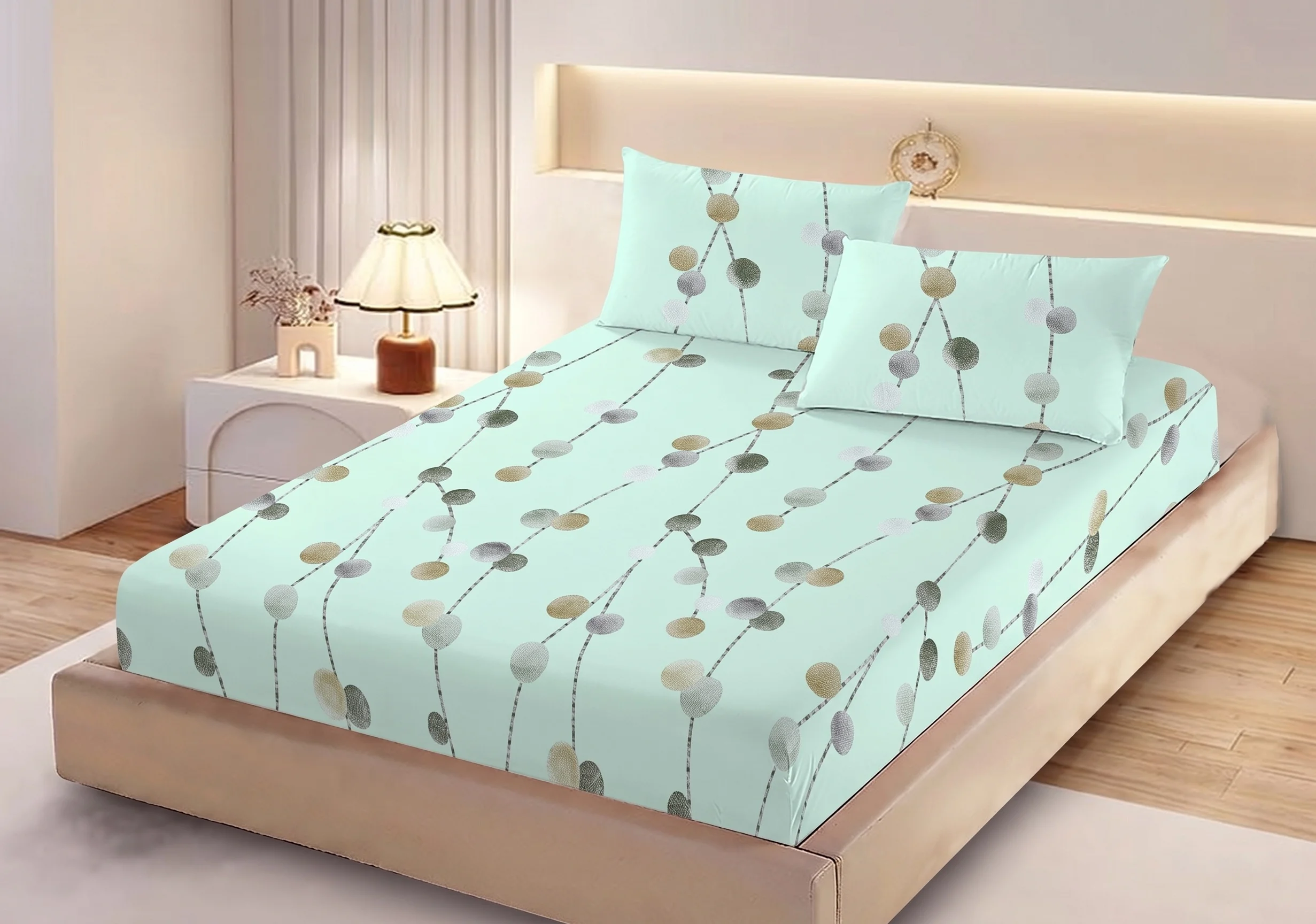 Huse de pat - Husa de pat finet verde mentol cu model floral stilizat + 2 fete perna cu elastic 160x200