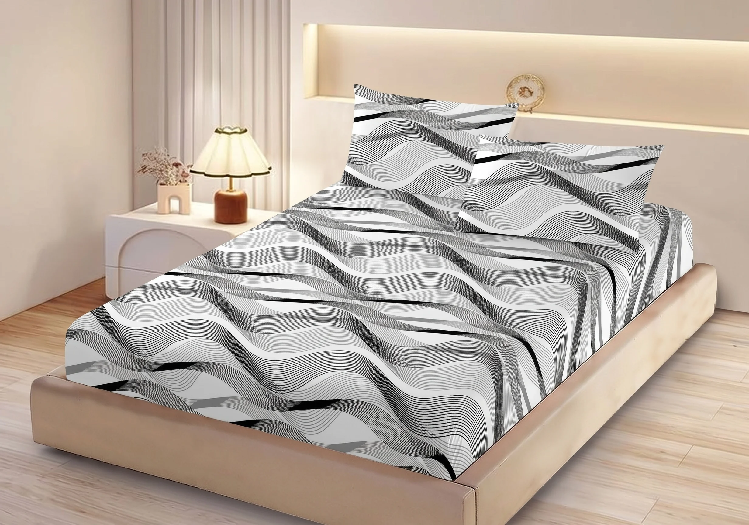 Huse de pat - Husa de pat finet gri cu model abstract ondulat + 2 fete perna cu elastic 160x200