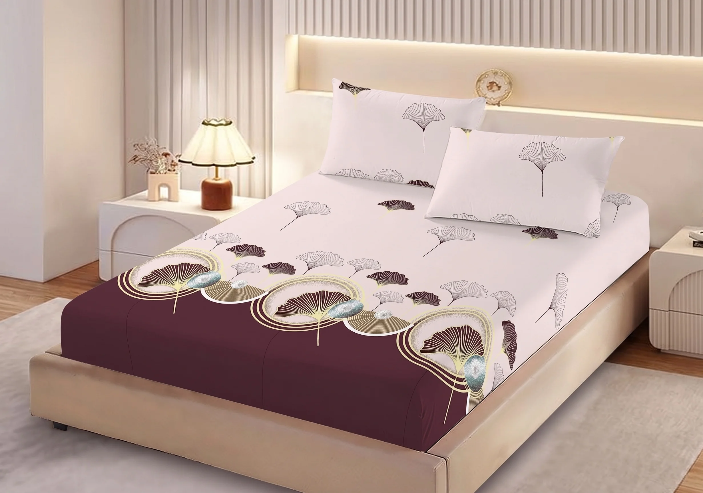 Huse de pat - Husa de pat finet bordo cu pene decorative + 2 fete perna cu elastic 160x200