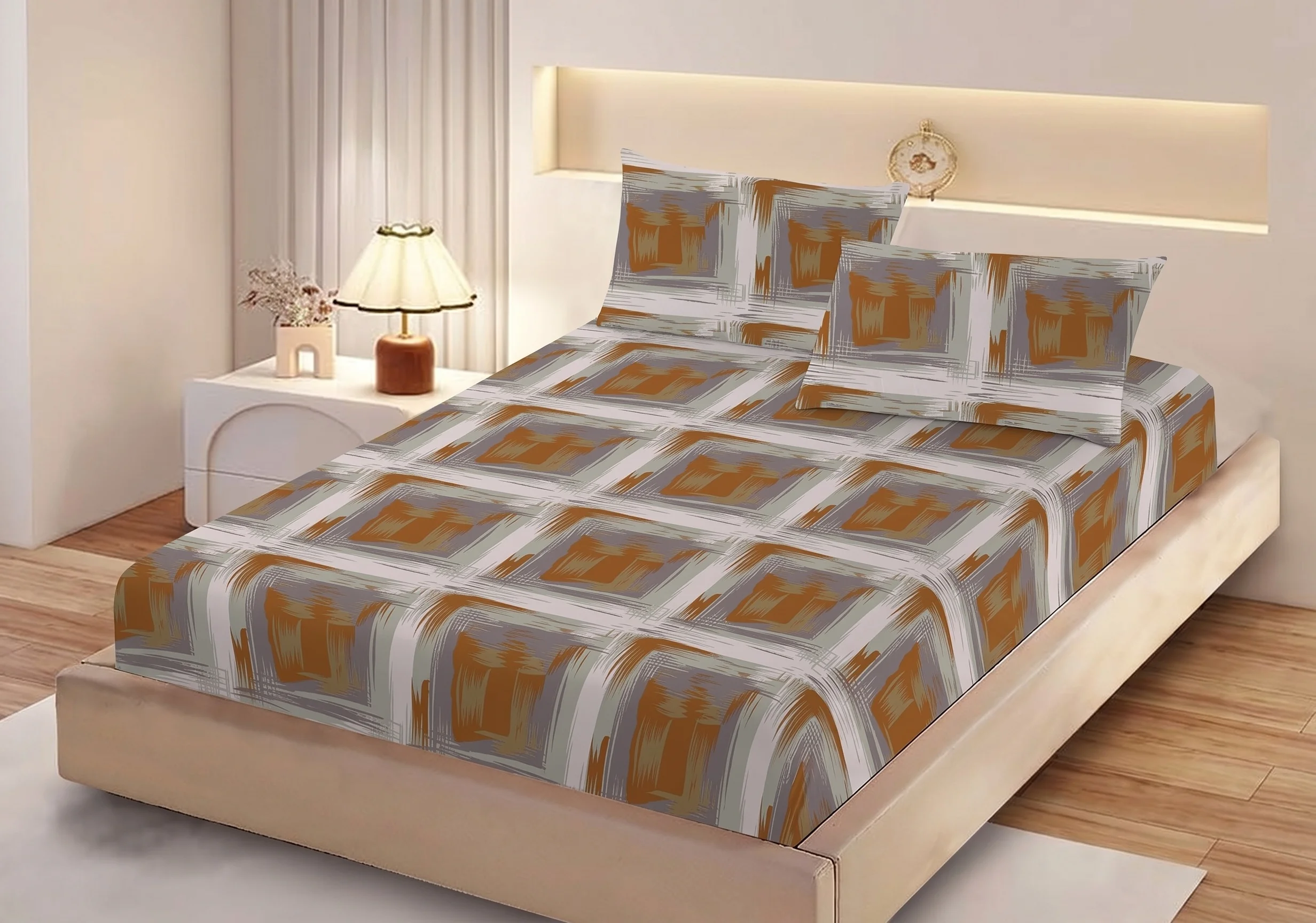Huse de pat - Husa de pat finet gri cu model geometric bej si ocru + 2 fete perna cu elastic 160x200
