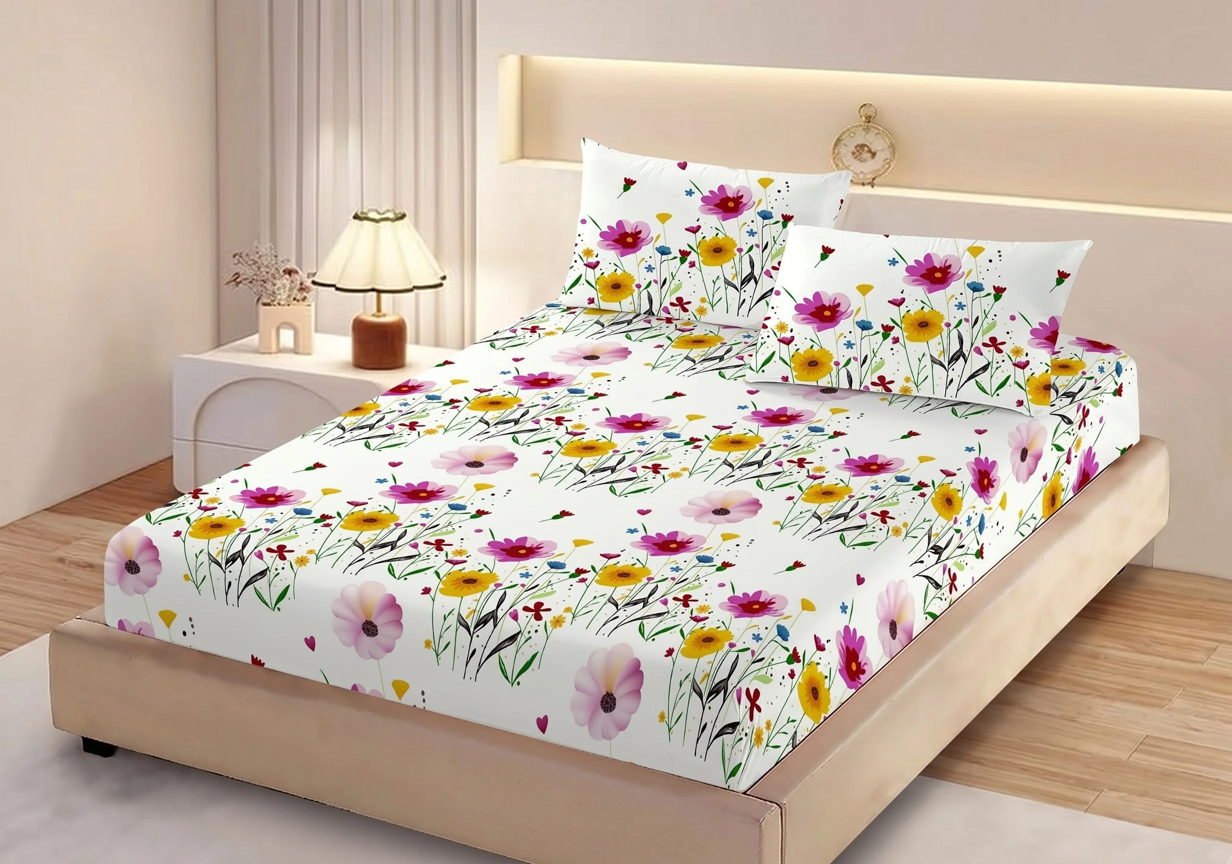 Huse de pat - Husa de pat finet alba cu flori colorate de camp + 2 fete perna cu elastic 160x200