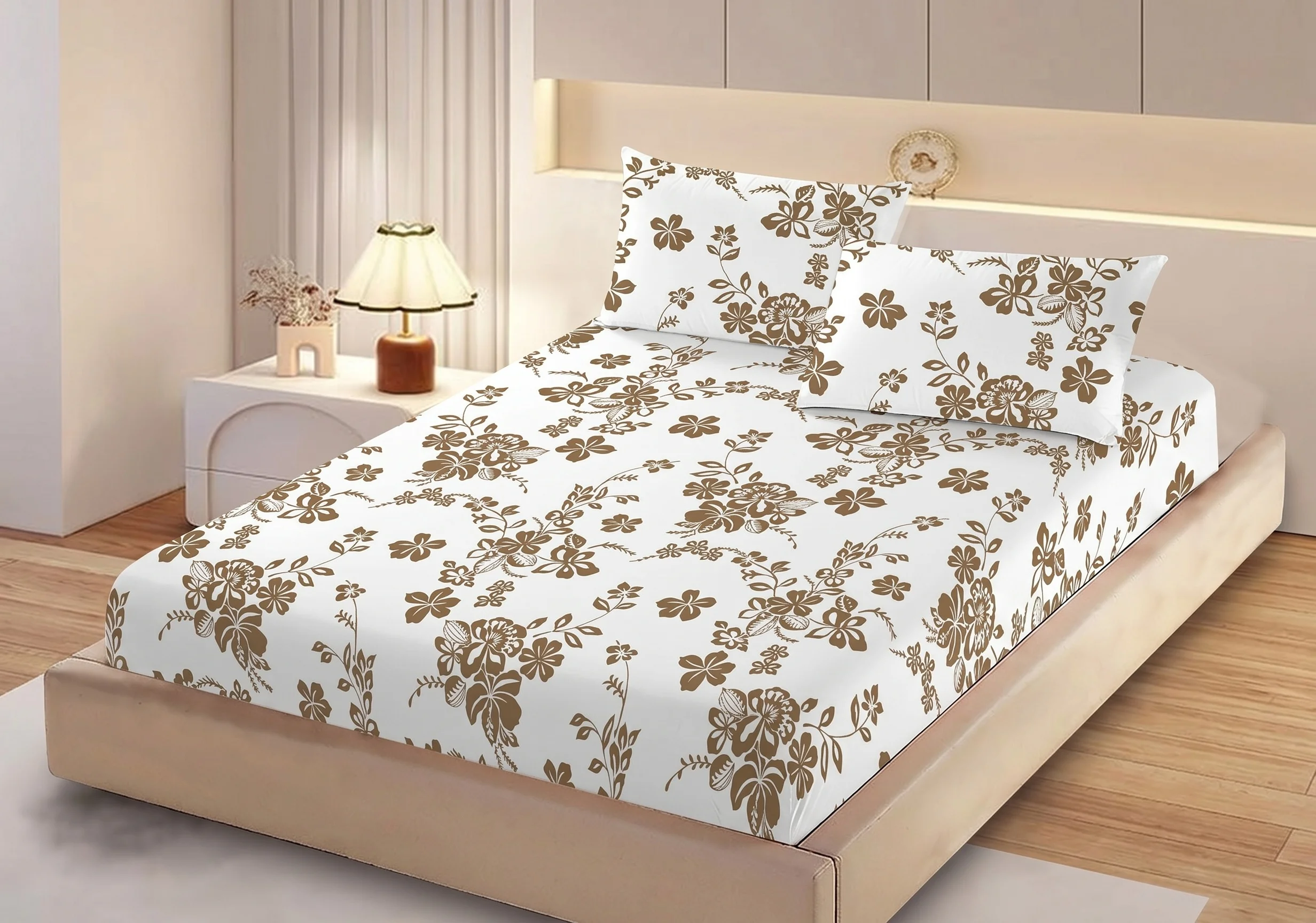 Huse de pat - Husa de pat finet alba cu flori maro clasice + 2 fete perna cu elastic 160x200