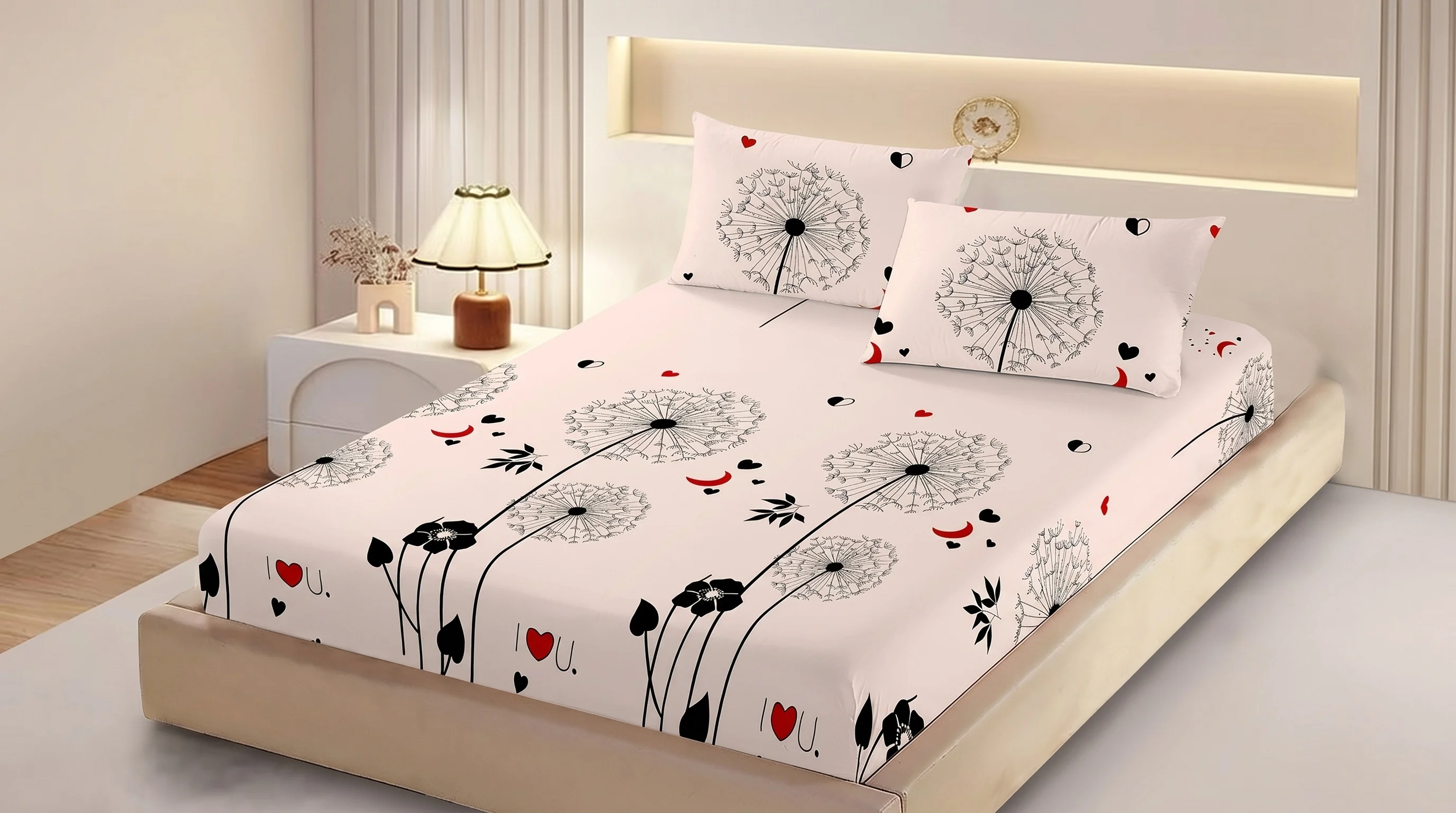 Huse de pat - Husa de pat finet alba cu flori negre si accente rosii + 2 fete perna cu elastic 160x200