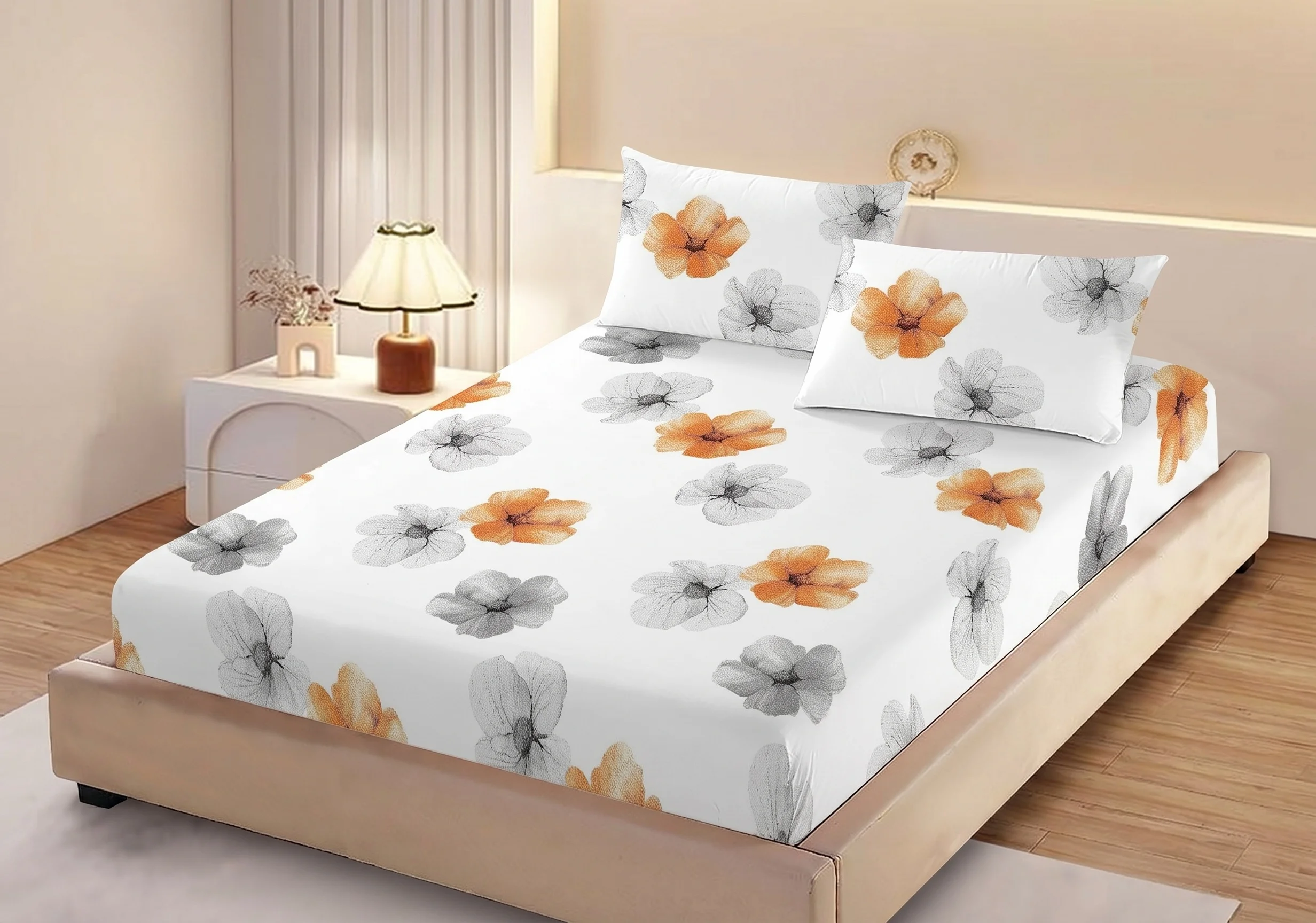 Huse de pat - Husa de pat finet alba cu flori portocalii si gri + 2 fete perna cu elastic 160x200