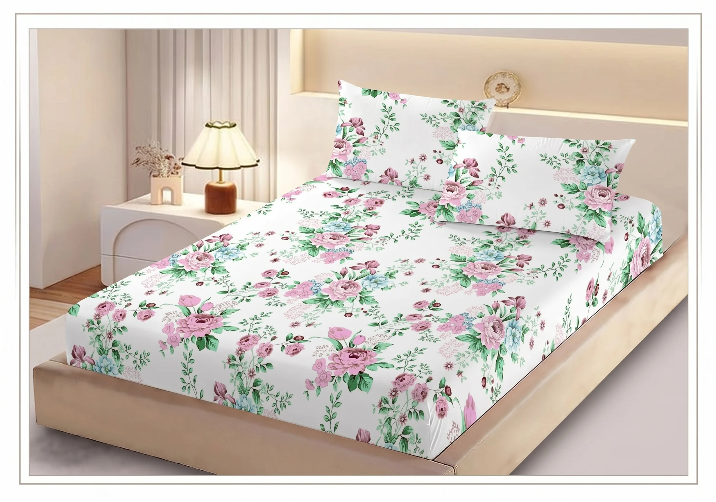 Huse de pat - Husa de pat finet alba cu flori roz si verzi + 2 fete perna cu elastic 160x200