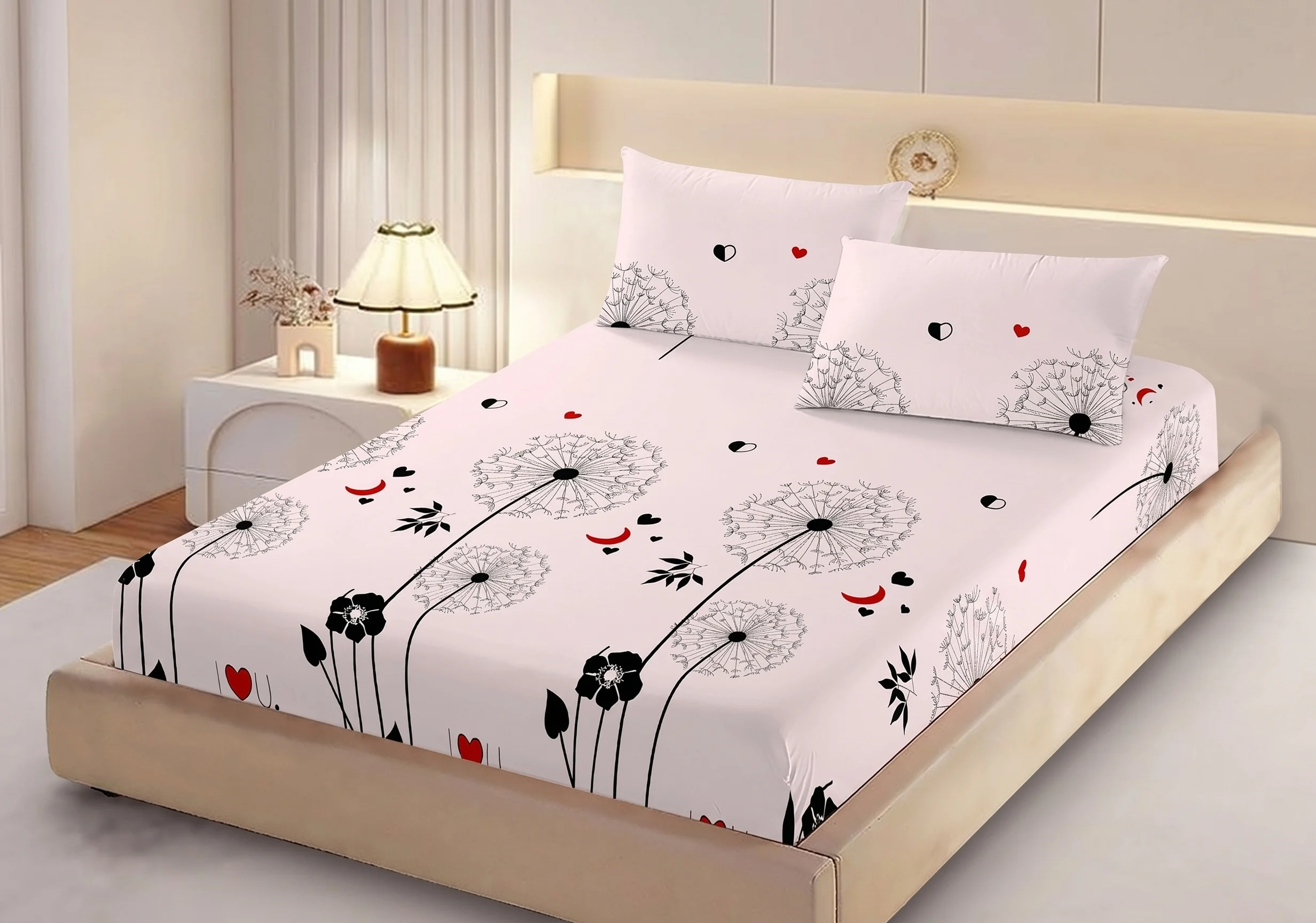 Huse de pat - Husa de pat finet alba cu papadii negre si accente rosii + 2 fete perna cu elastic 160x200